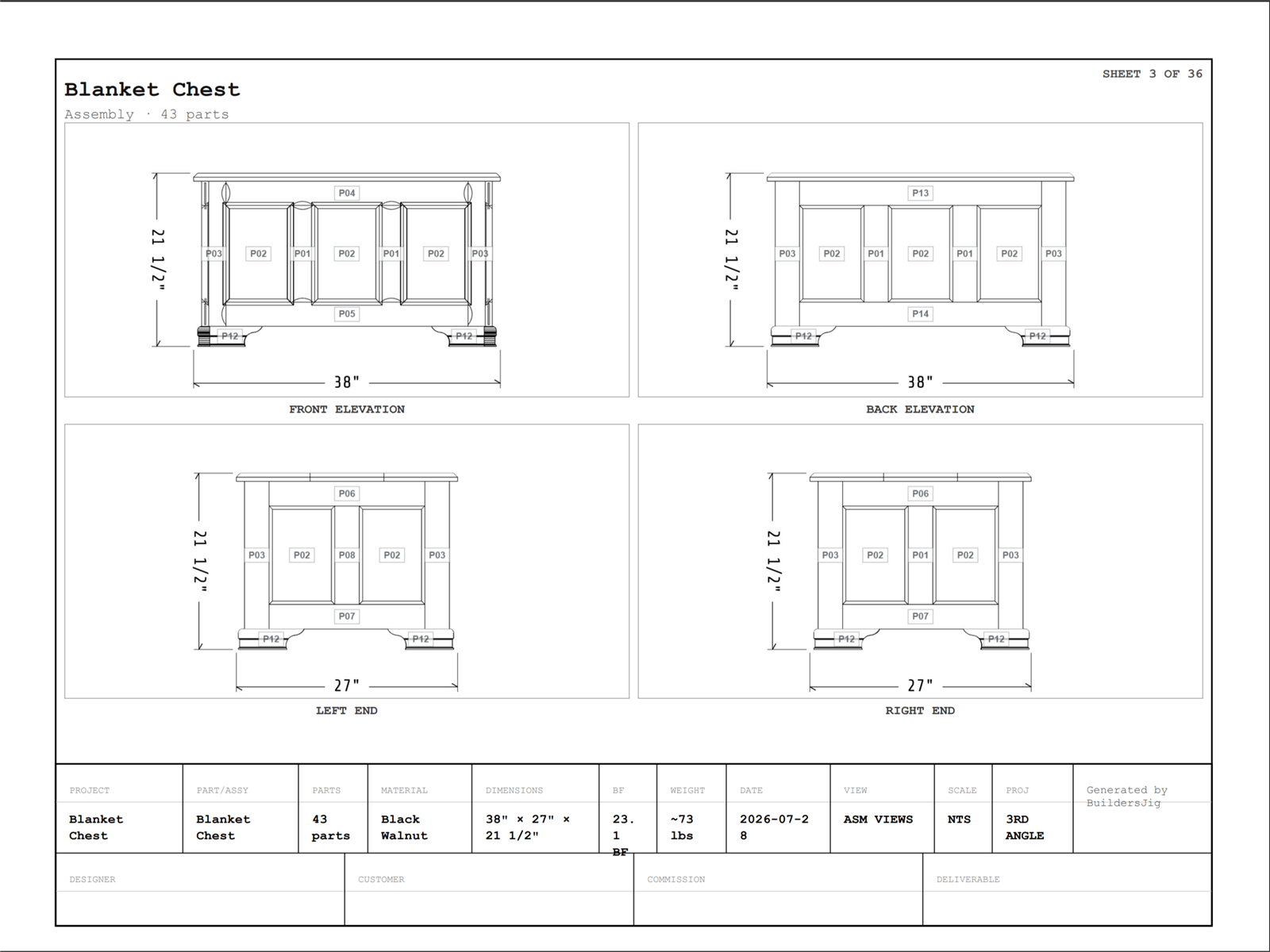 A shop-ready BuildersJig blueprint sheet: dimensioned line-art views with a title block