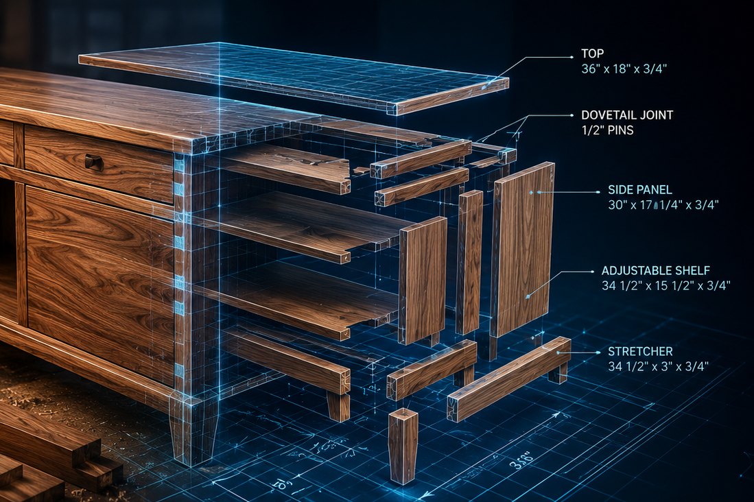 A woodworking bench, half real and half blueprint wireframe